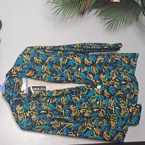 Adolfo Int. Linen Vintage Leaf Print Double Breasted Blazer PTP:23" Length:30"